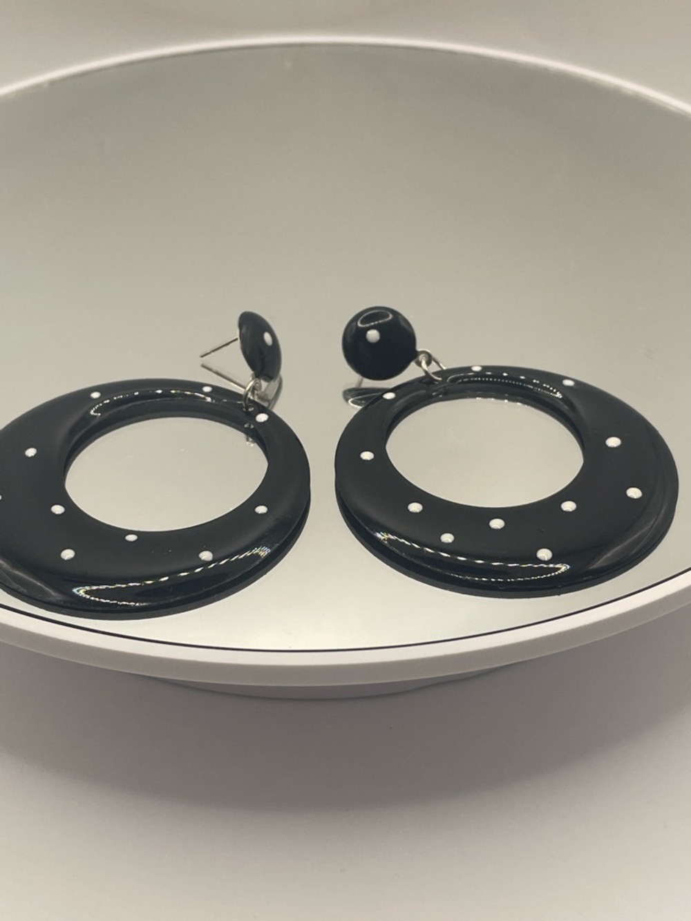 My Style Black Polka Dot Hoop Earrings post style metal 2.25” - Picture 3 of 6